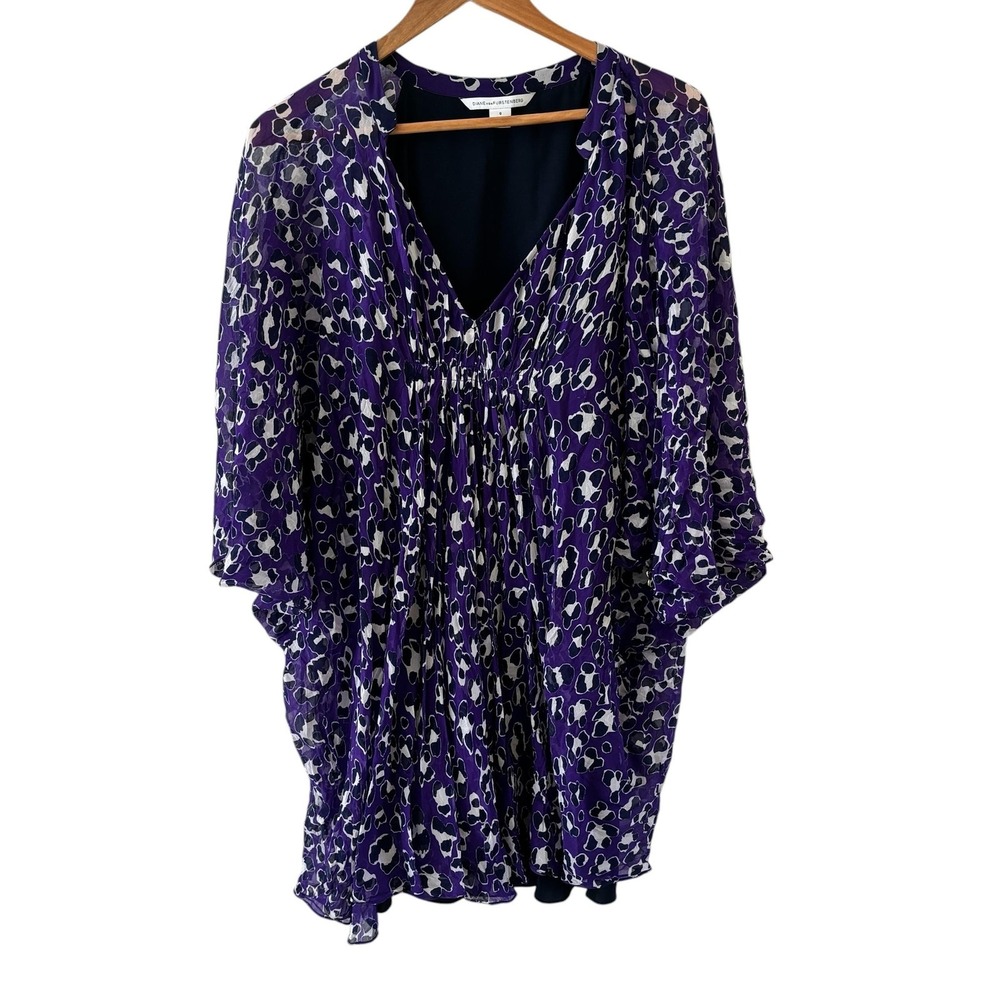 Diane Von Furstenberg Bat Wing Dress Womens 6 Purple Animal Print Sheer